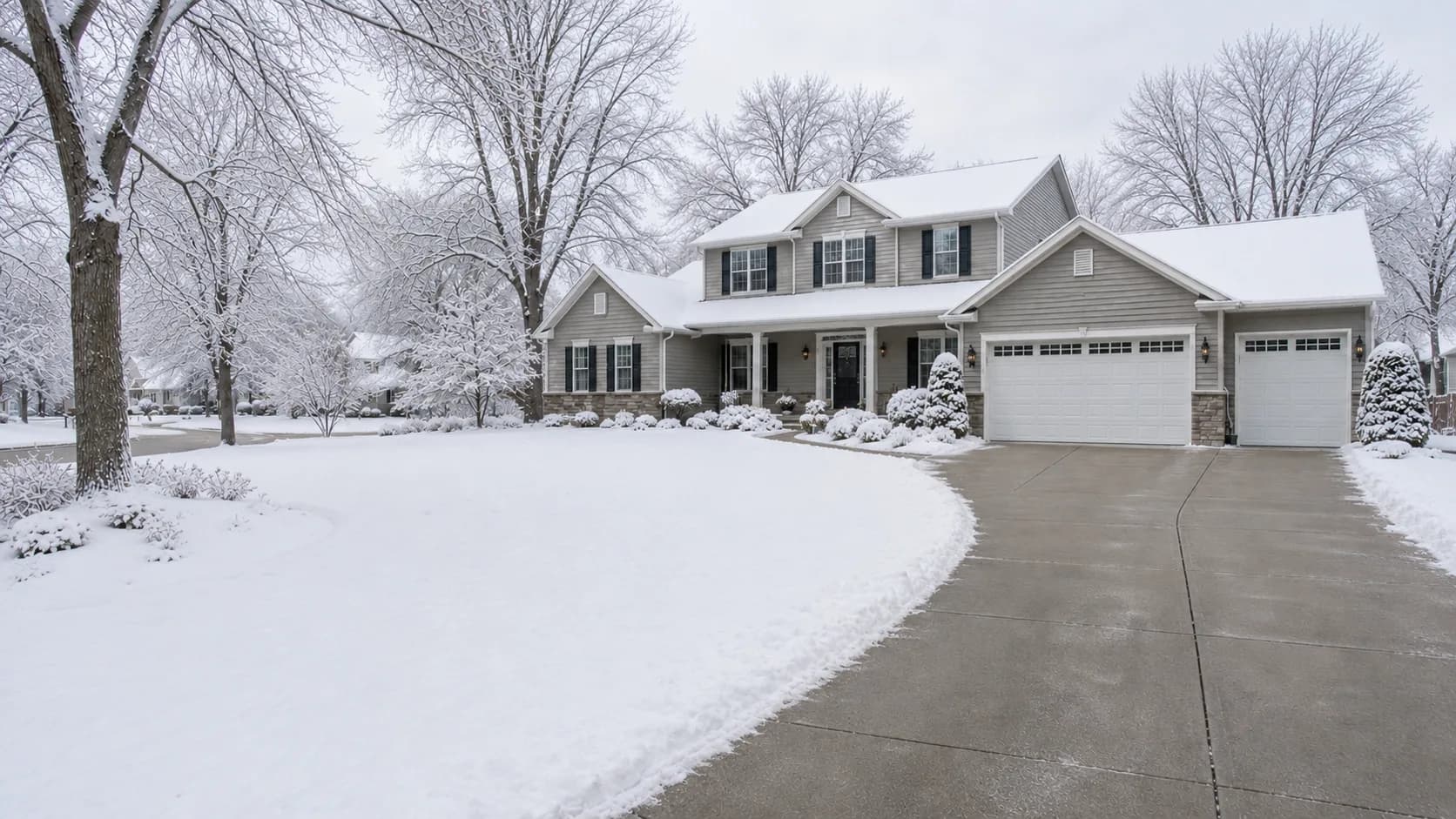 Snow-covered home, yard and trees beside a concrete driveway